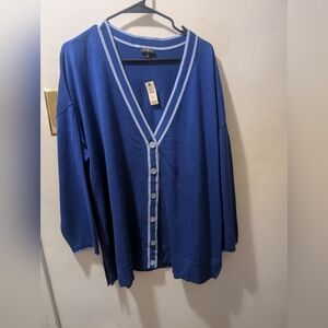 NWT Talbots Pretty Royal Blue Striped Trim V-Neck Long Sleeve Cardigan